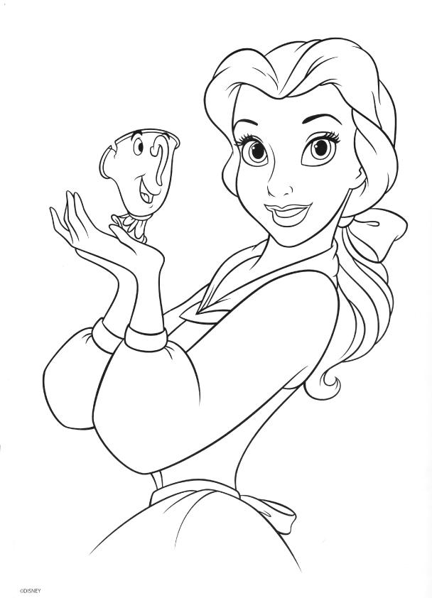 Belle and Chip Coloring Page, Princess Belle coloring for girls, Disney character coloring, Bella and the beast coloring sheets