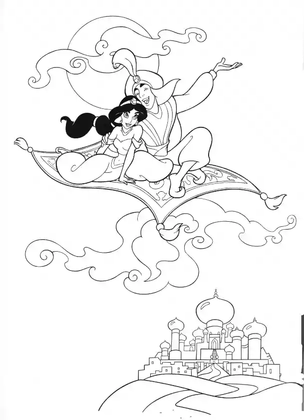 Aladdin and Jamine Flying Carpet Coloring Page