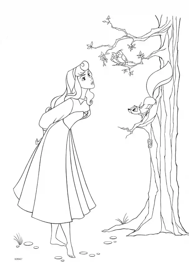 Aurora And Birds Coloring Page