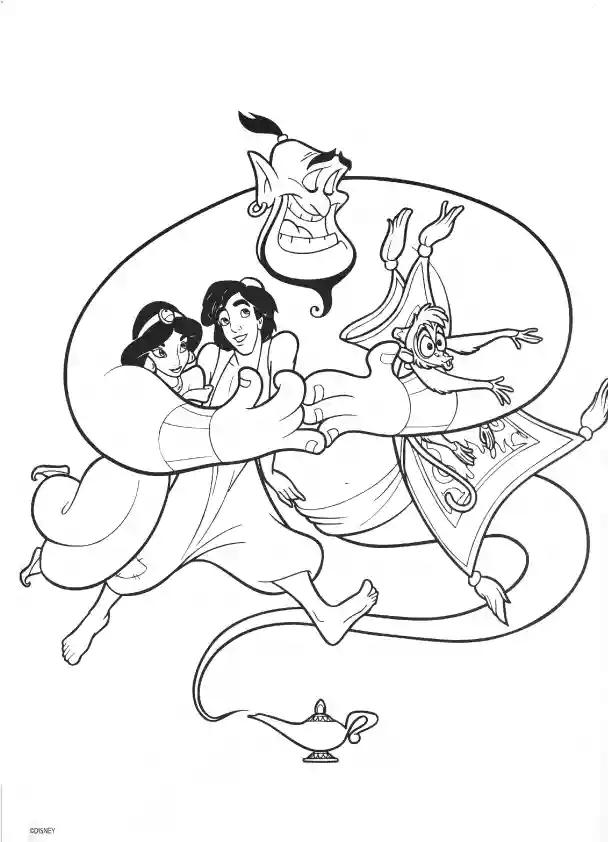 Jasmine Aladdin Genie Abu Coloring Page