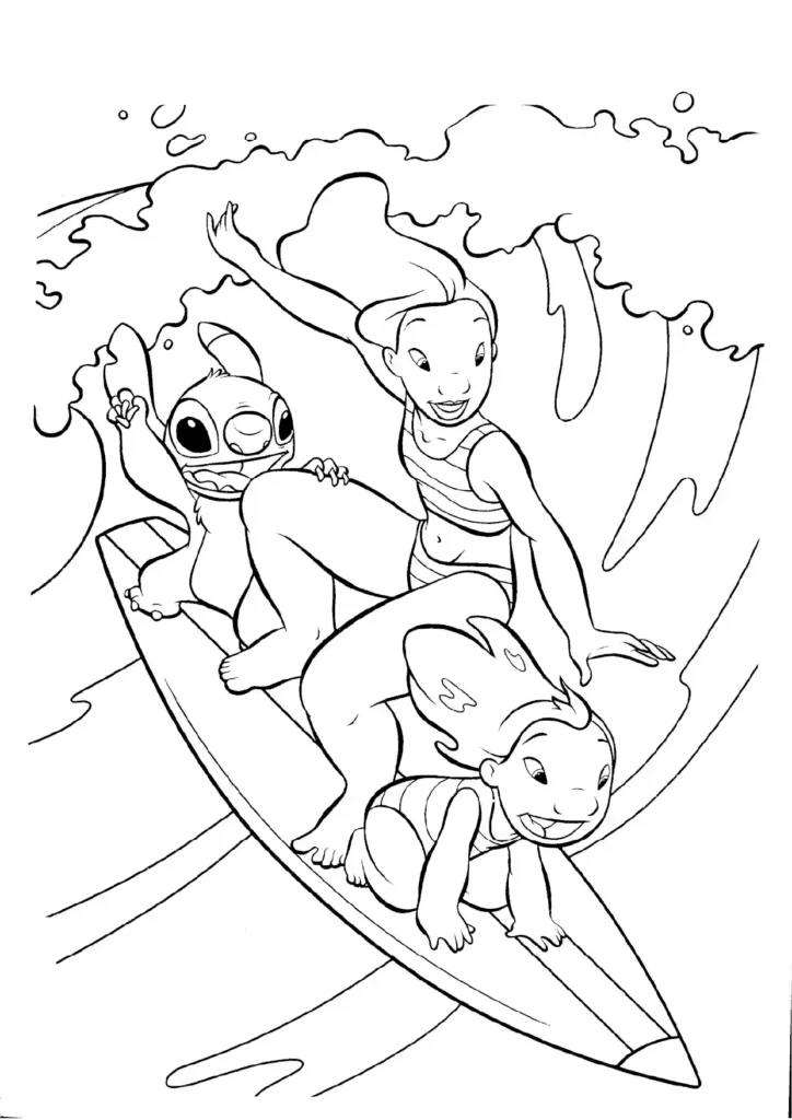 Lilo Nani and Stitch Surfing Coloring Page