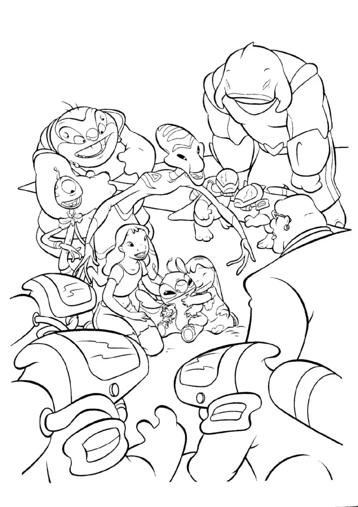 Stitch and Friends Happy Coloring Page