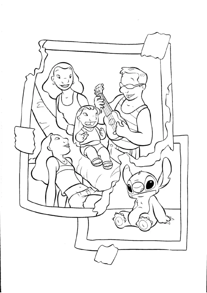 Stitch is Happy to Have a Family Coloring Page