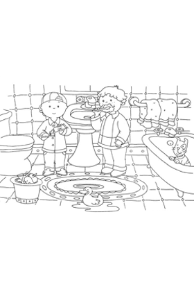 Caillou and Leo Brushing Teeth Coloring Page
