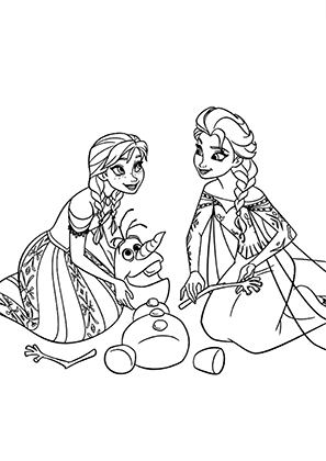 Elsa and Anna helping Olaf