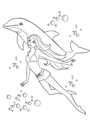 Barbie Swimming With Dolphin Coloring Page