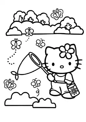 Hello Kitty Catching Butterflies Coloring Page