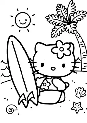 Hello Kitty Surfing Coloring Page