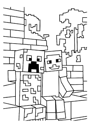 Minecraft Creeper and Steve Sitting Coloring Page